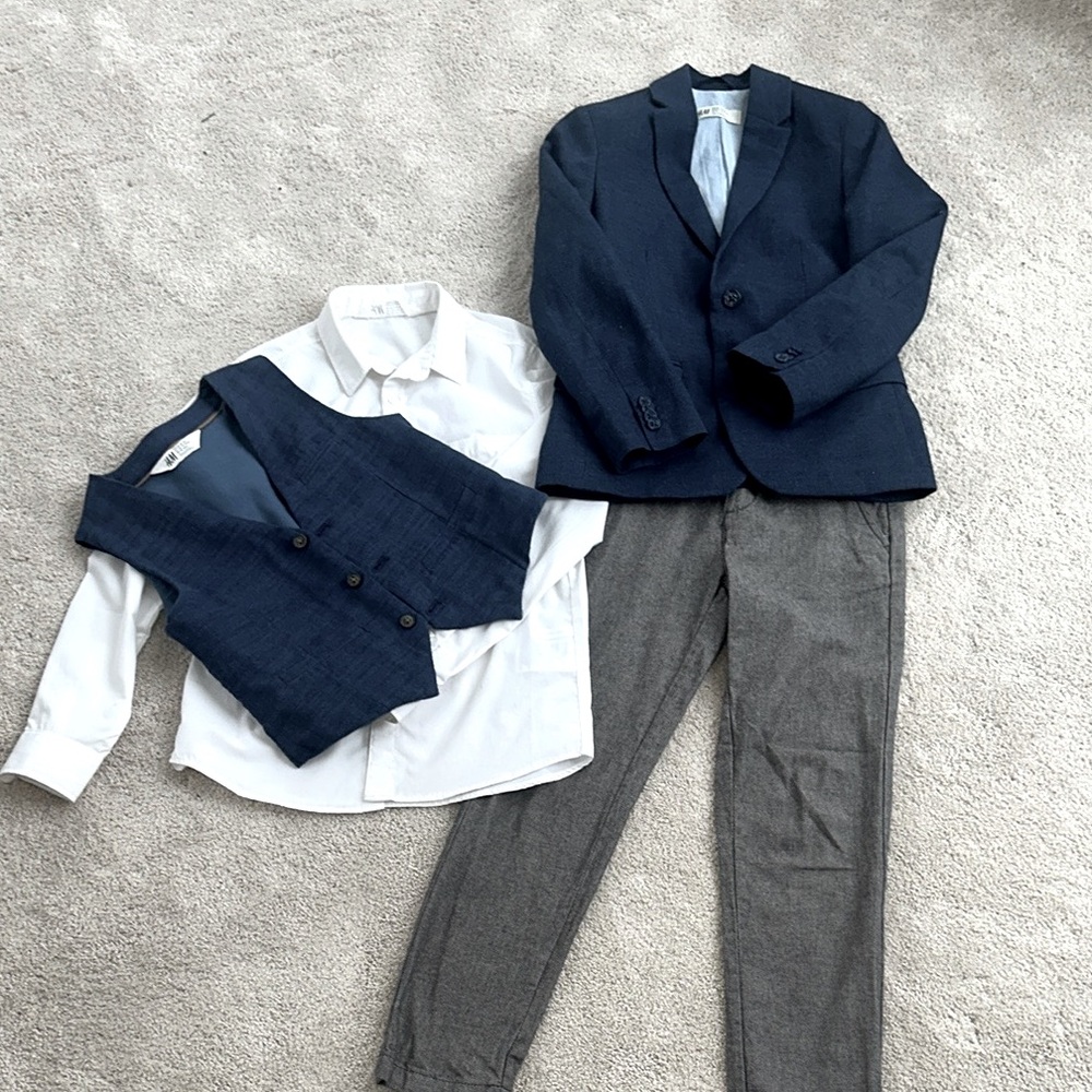 H&M Boy’s Formal Suit Jacket, Vest, Shirt & Pant Set - Blue / Gray- Sizes 8-10